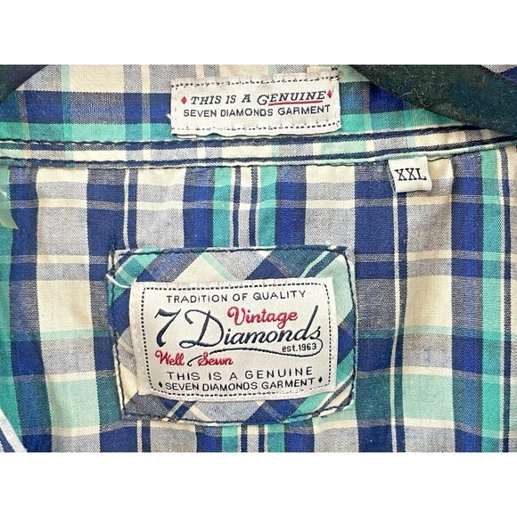 7 Diamonds Shirt Mens XXL Pearl Snap Short Sleeve Plaid Western Retro Green/Blue - Picture 2 of 15